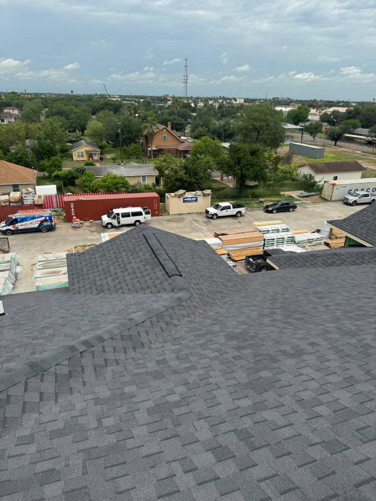 Material staging area for apartment complex roofing job